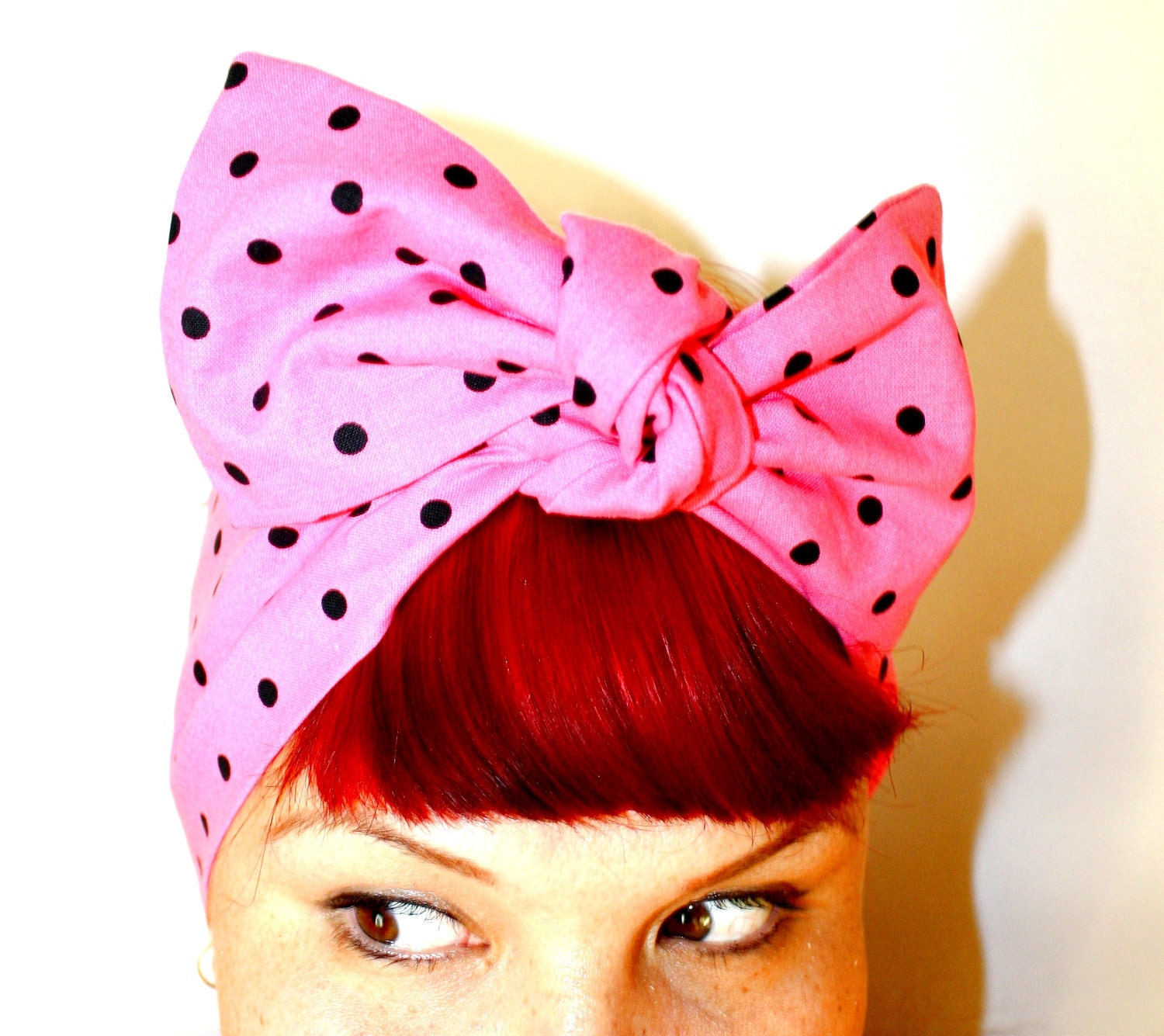 Vintage Inspired Head Scarf, Bow or Bandanna Style, Hot Pink with Black Polka Dots, Rockabilly, Retro