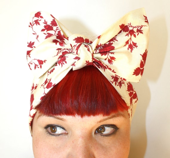 Bow hair tie, Vintage Inspired Head Scarf, Roses, Retro, Rockabilly
