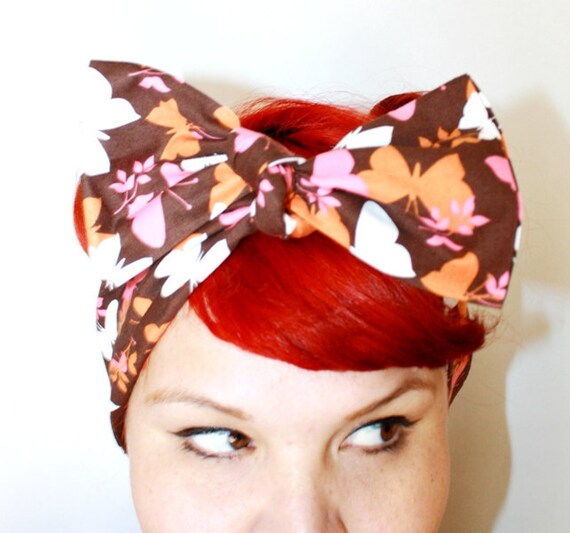 Bow style, Vintage Inspired Head Scarf, Butterflies, Summertime, Retro