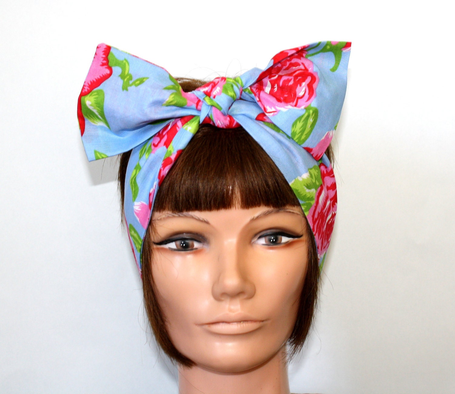 Bow hair tie, Vintage Inspired Head Scarf, Roses, Shabby Chic