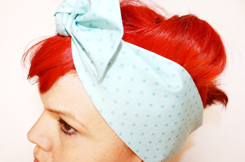Bow hair tie, Vintage Inspired Head Scarf, Powder Blue, Polka Dots, Rockabilly, Retro, 1940s, 1950s