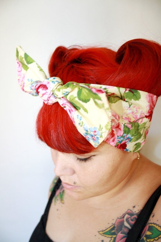 Bow style, Vintage Inspired Head Scarf, Yellow with Roses, Rockabilly, Retro, 1940s