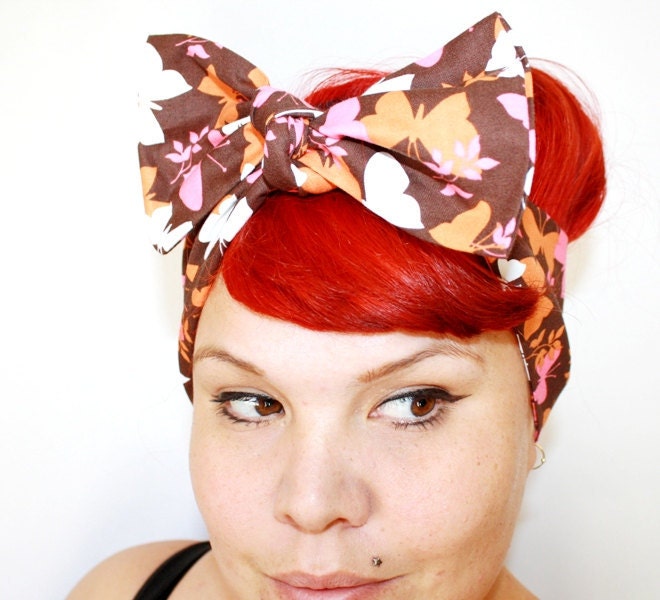 Bow style, Vintage Inspired Head Scarf, Butterflies, Summertime, Retro
