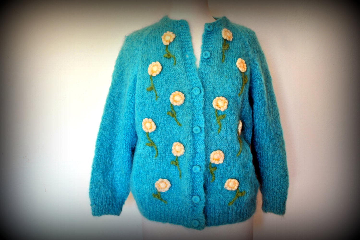 vintage 80s hand knit blue cardigan sweater with flower appliques