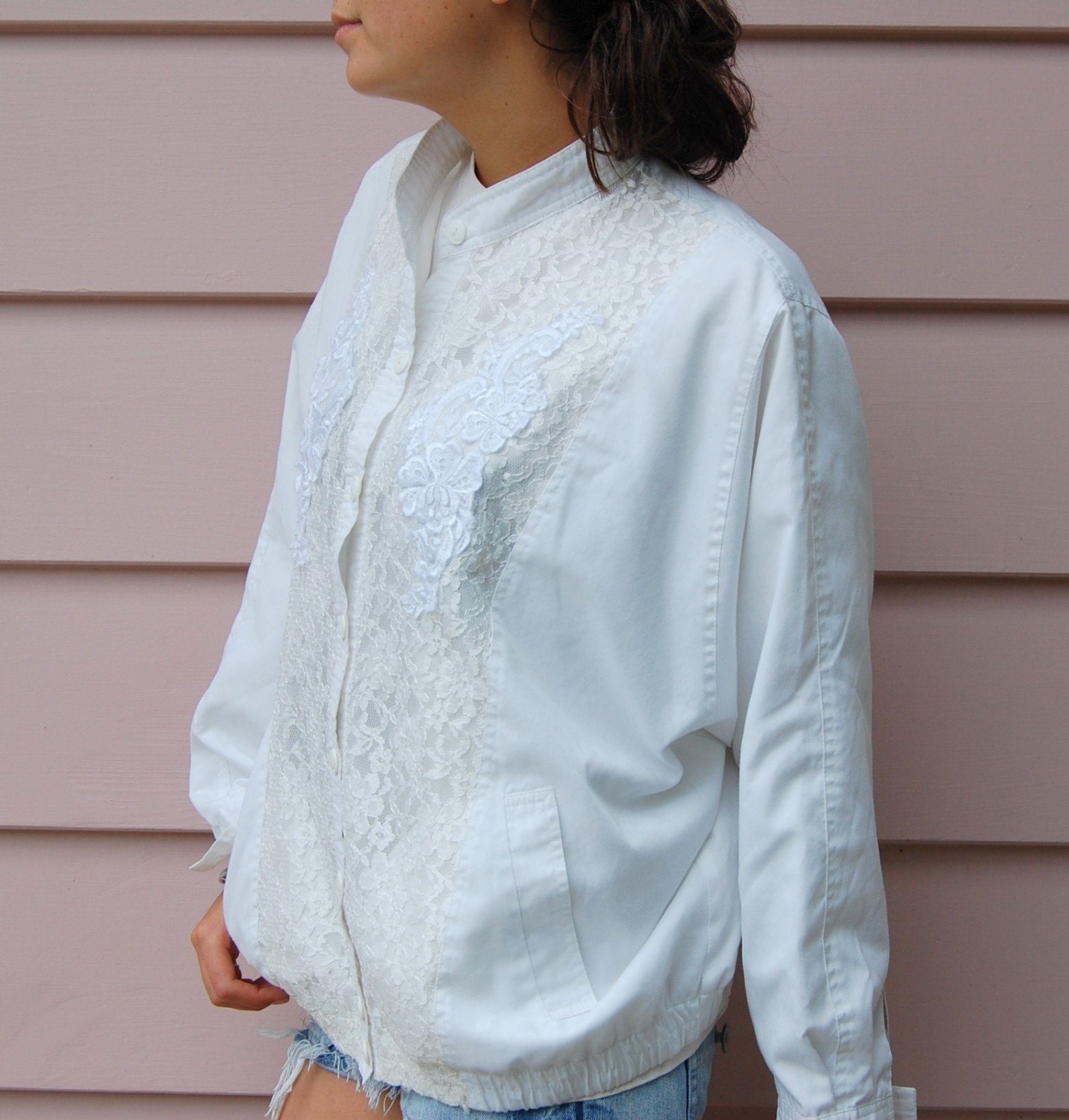 SALE- Vintage White Lace Button Up Shirt Jacket