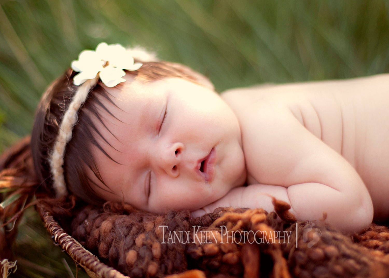 Ivory and Brown Crocheted Halo Flower Headband with Cream Flower and Pearl Center Photography Props