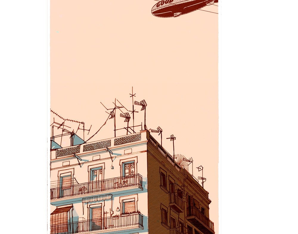 sky and House, Print from Ink Drawing, ,5.5x11.5, apricot pink