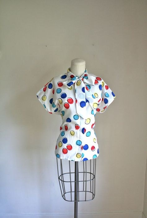 vintage polkadot blouse - CARNIVAL dotted ascot tie blouse / L-XL