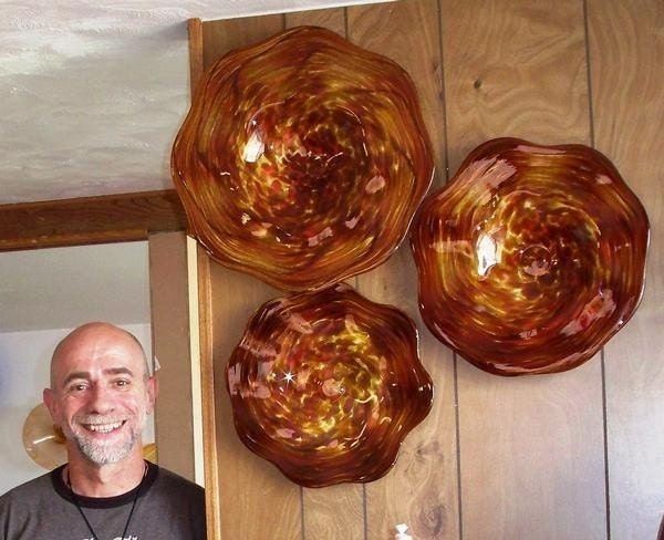 set of 3 handblown amber/red wall platters