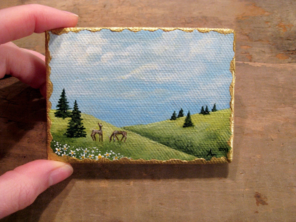 Small Landscape Painting, ACEO deer painting on STRETCHED canvas, sunshine in your pocket