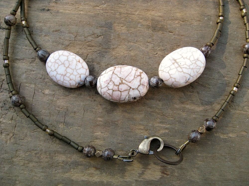 Magnesite Necklace, white turquoise necklace, subtle tribal necklace in white and brown