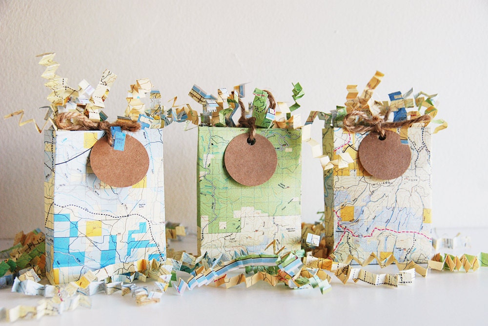 Three Mini Map Gift Bags with Shred and Tags - Perfect for Gift Cards / Party Favors - Recycled Eco Friendly