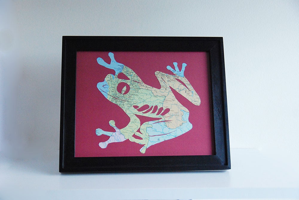Red-Eyed Tree Frog - Papercut From Vintage Map of Your Choice - 8x10