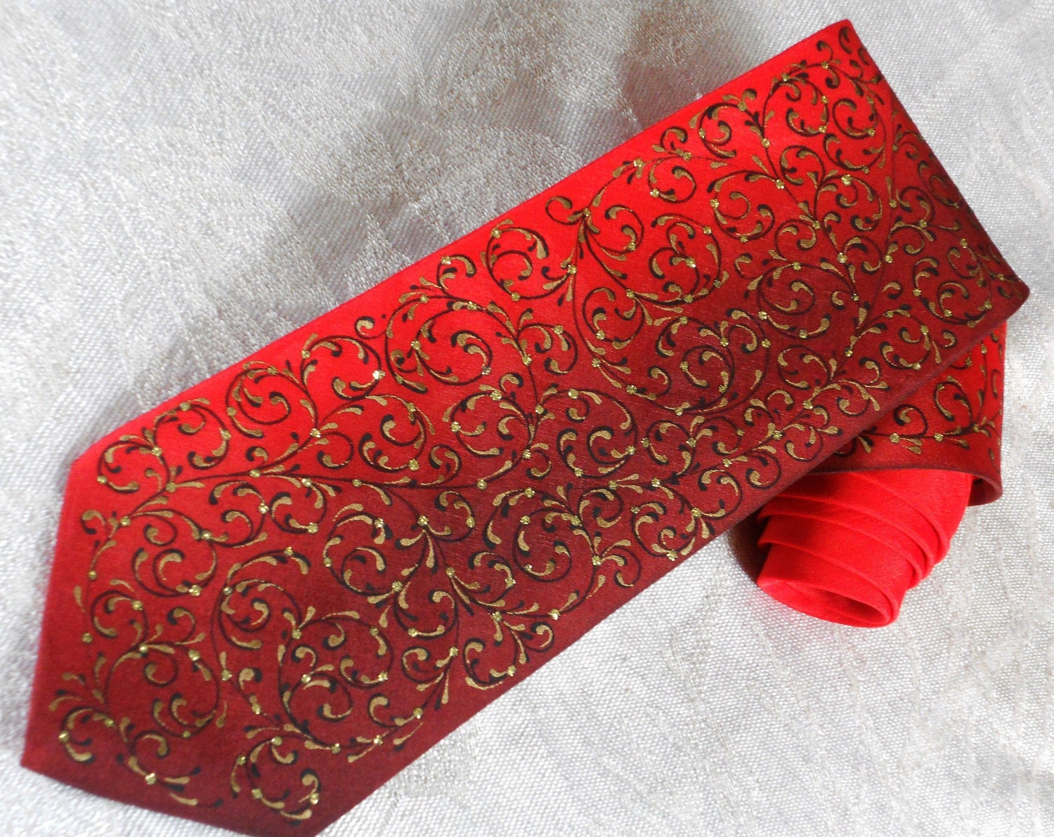 Handpainted silk necktie red black golden - original gift for men