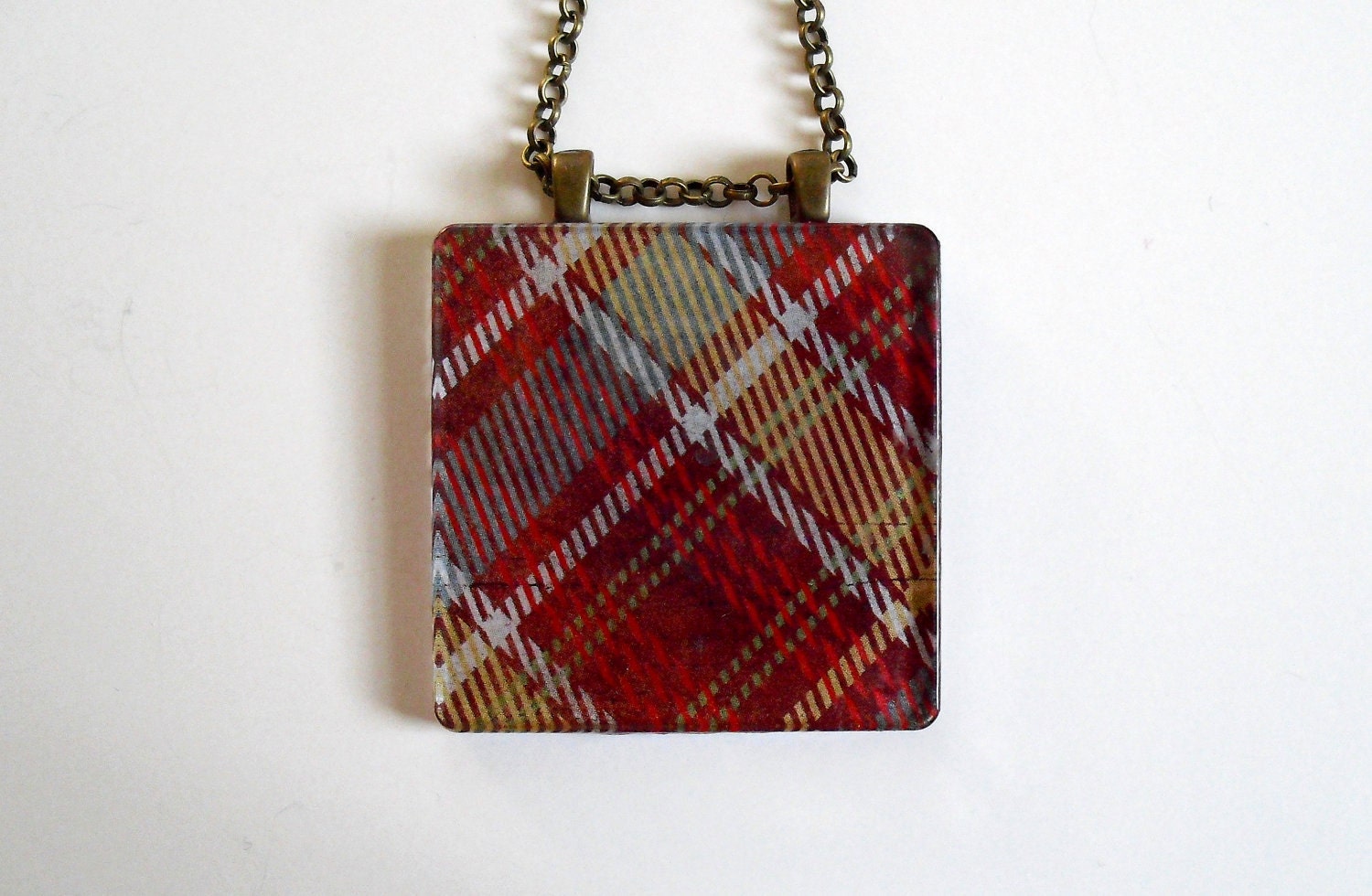 Red Plaid Collage Pendant on Antiqued Brass Chain with Embossed Alphabet - SweetAvenueJewelry