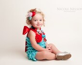 Aqua Cotton Lace Romper with Red Satin Straps Size XS (Newborn - 12 Months)