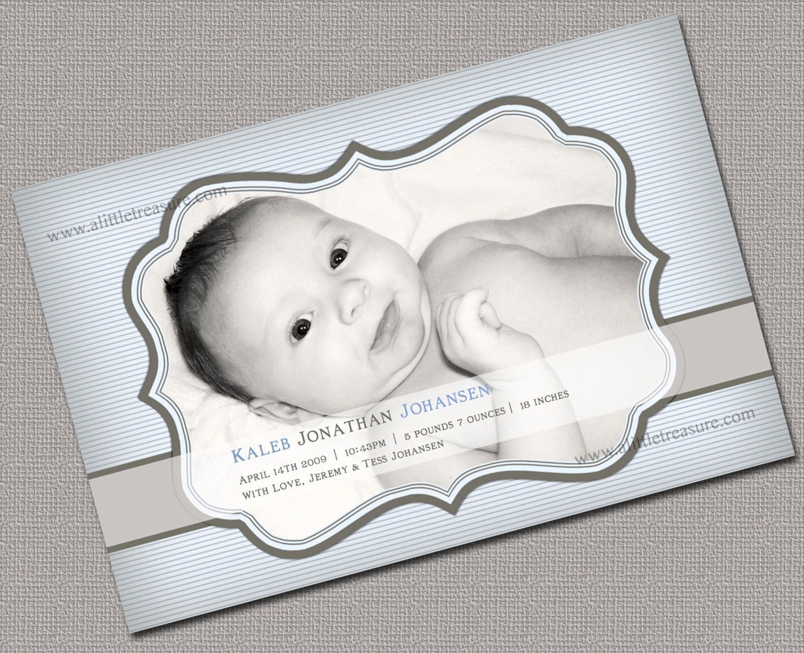 Boy Baby Announcement Photo Cards, Digital File, Blue, Beige - 128