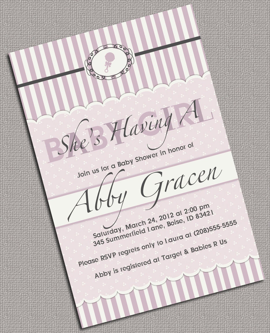 DIY Printable Baby Shower Invite - Girl Baby Shower Invitations - Lavender and Cream Stripes with rattle by A Little Treasure - 777