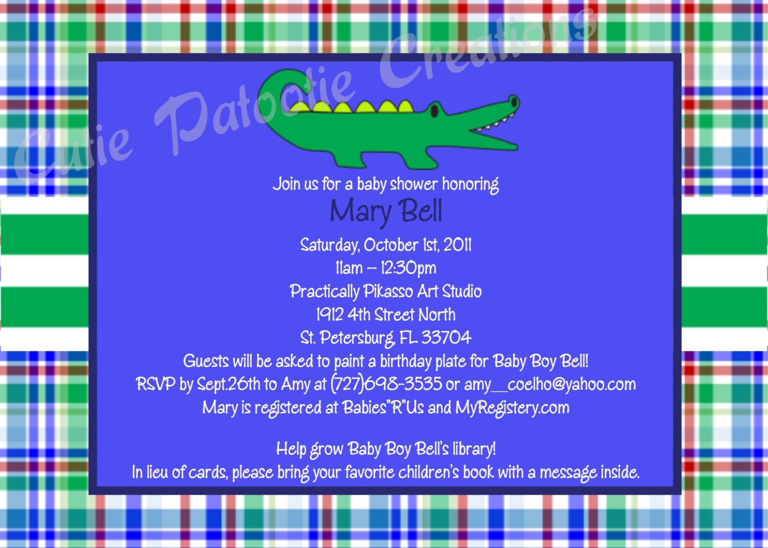 Preppy Alligator Baby Shower Invitation Navy Blue and Green USE for ANY EVENT Printable