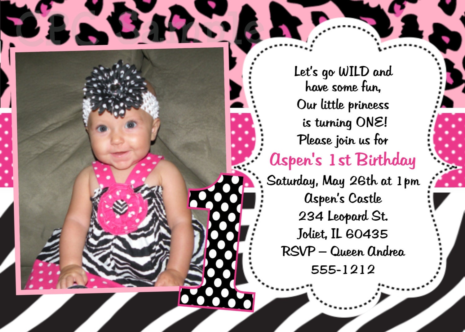 1st Birthday Invitation Pink Leopard Zebra Print 1st Birthday Party Invitation Printable ANY AGE AVAILABLE