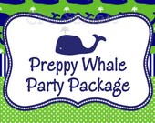 Preppy Whale Invitation Birthday or Baby Shower Party Package Navy Blue and Green, CHOOSE ANY 6 ITEMS, Printable Il_170x135