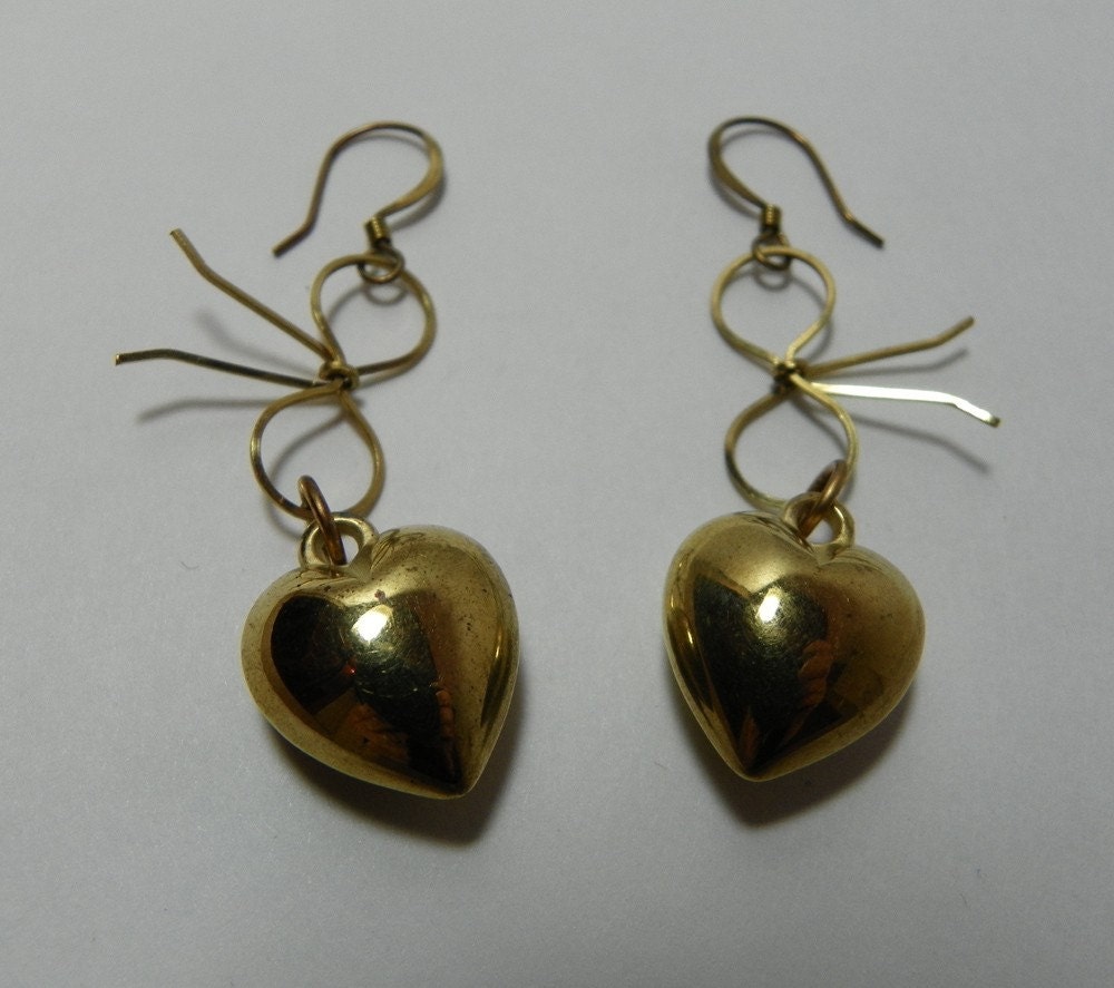 Revamped Vintage Valentine Brass Bow & Heart Dangle Steampunk Earrings 