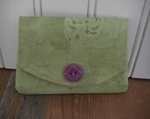 Little Wallet gift card and credit card holder with a green, purple and rose geranium print  with vintage purple button