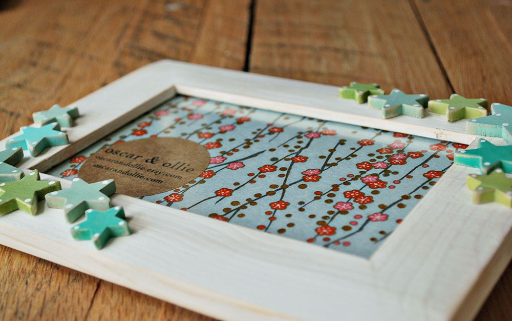 distressed white picture frame with green stars hand painted wooden frame by oscar & ollie
