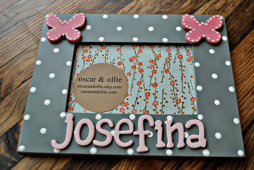 personalized butterfly frame for children pink grey polka dot frame hand painted frame for girls by oscar & ollie