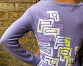 SALE--Medium Up-cycled Sweater with T-shirt Applique- lavender maze