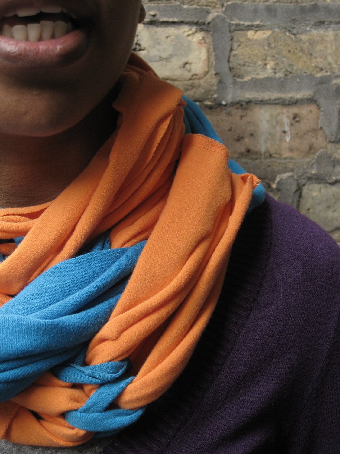 extra long upcycled tshirt scarf- blue and orange- bright neons