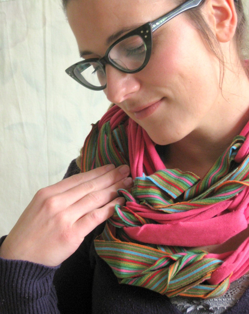 Ecofriendly Scarf made from Upcycled Tshirts- pink & rainbow stripe-Rainbow for your Valentine