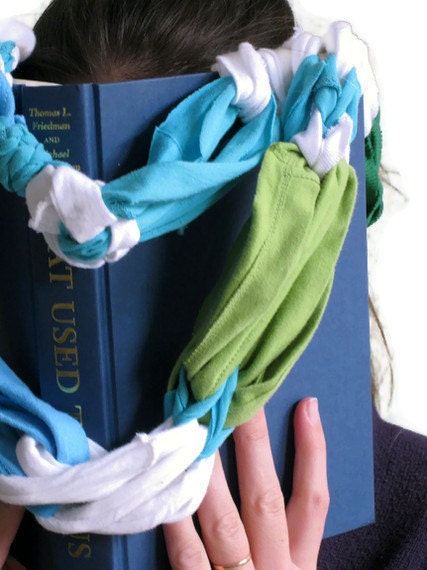 Ecofriendly Scarf made from Upcycled Tshirts- blue green and white- Ice and Snow