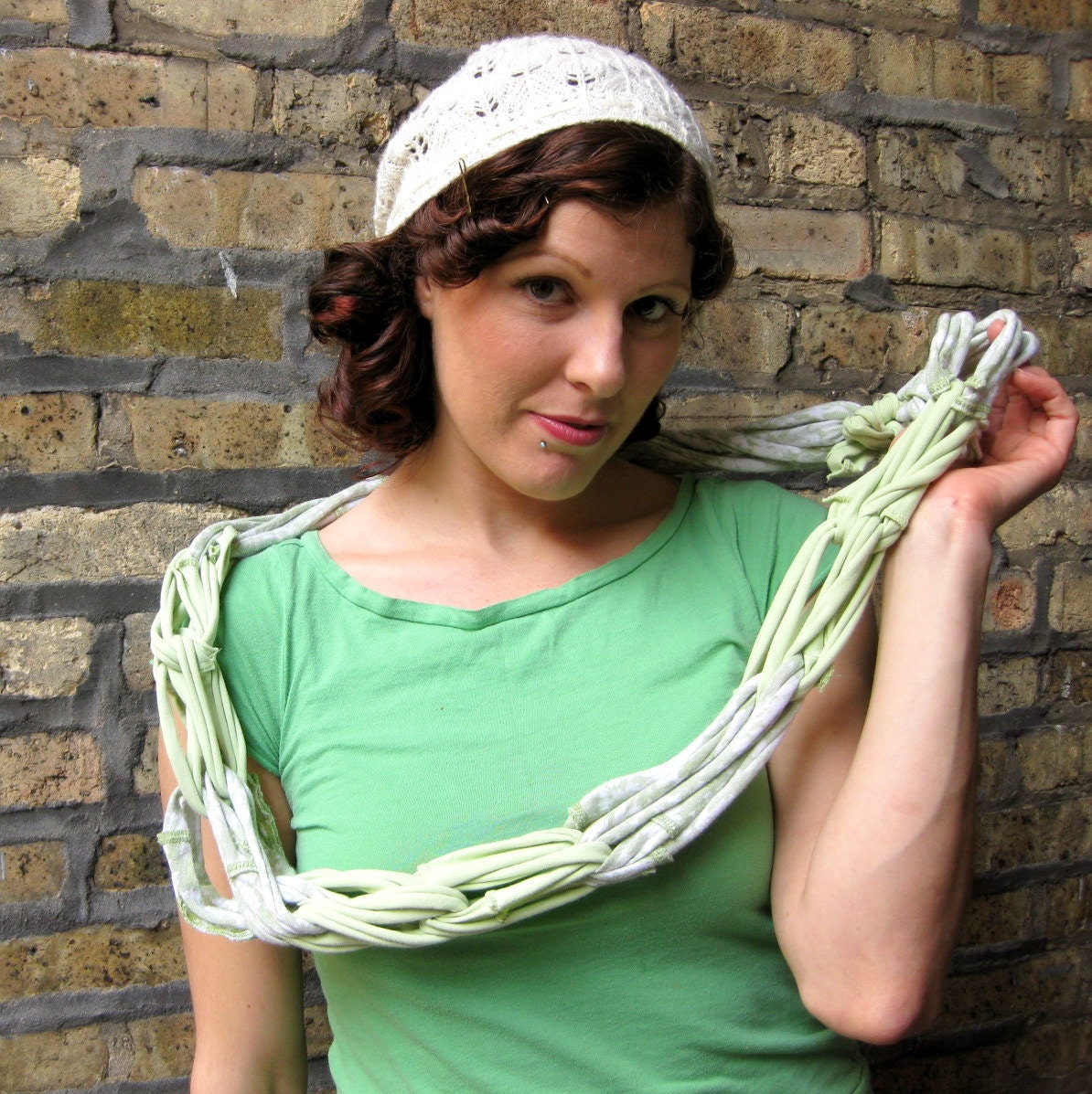 Up-Cycled Infinity T-shirt Scarf- Light Green and White- Eco-friendly