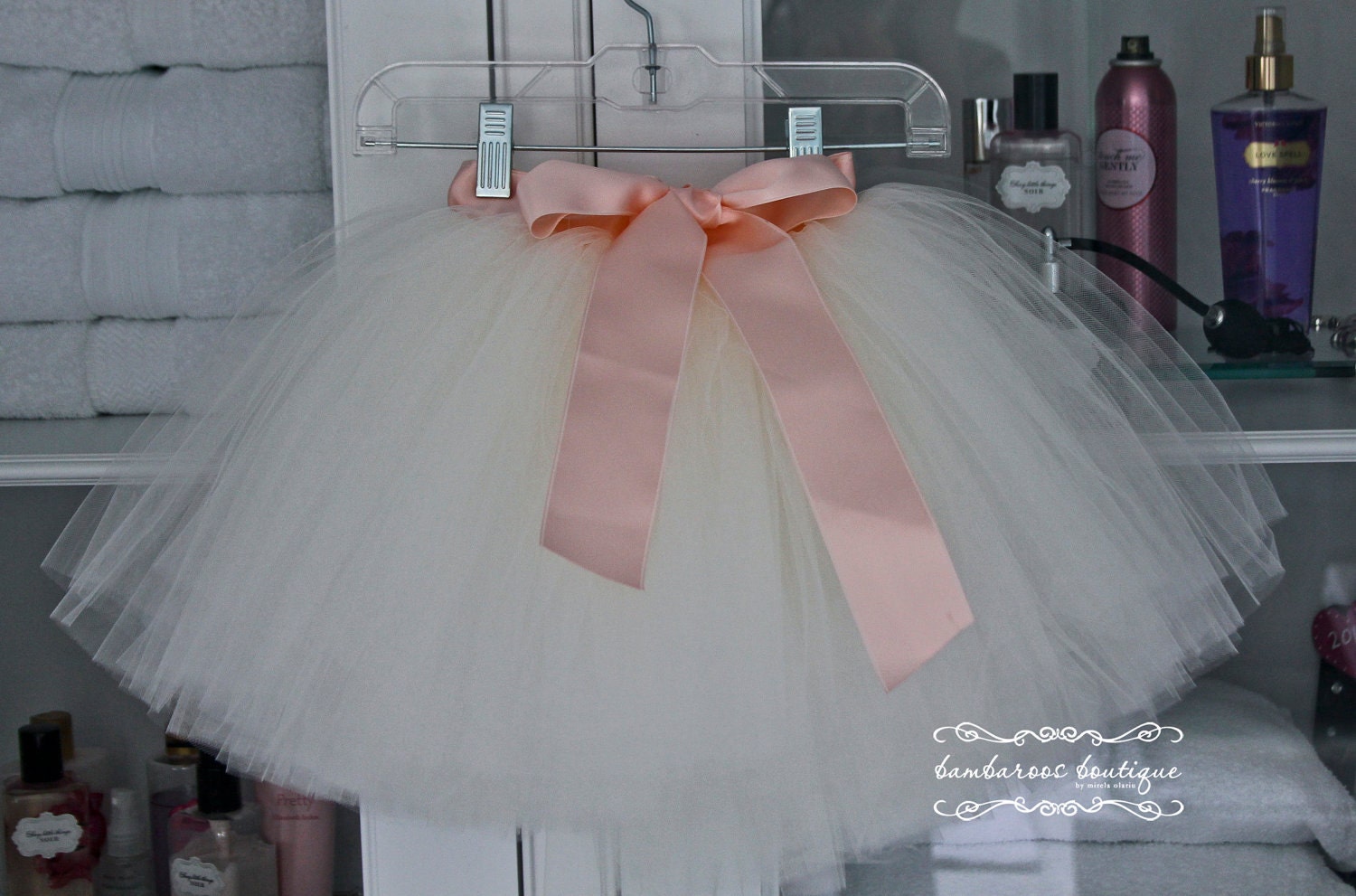 CUSTOM LINNED white tutu, ivory sash, ivory pin, ivory headband