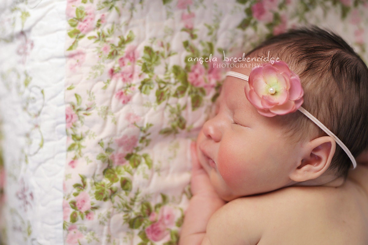 Tiny Petite Rose Blushing Pink Flower on Soft Skinny Thin Light Pink Elastic Headband Photography Props, Flower Girls, Newborn Headbands
