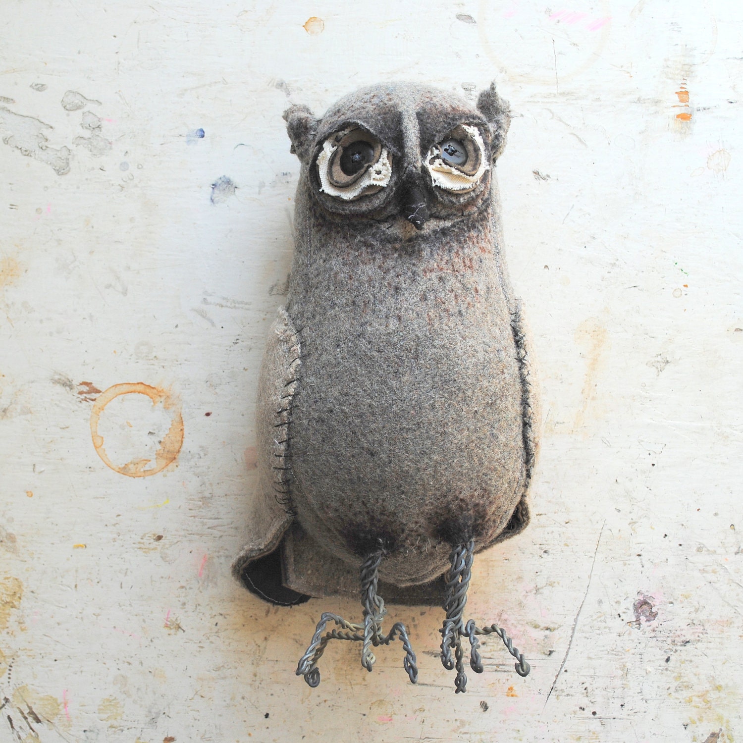 Grey Woodland Owl Textile Art made from Vintage soft grey blankets. - MisterFinch