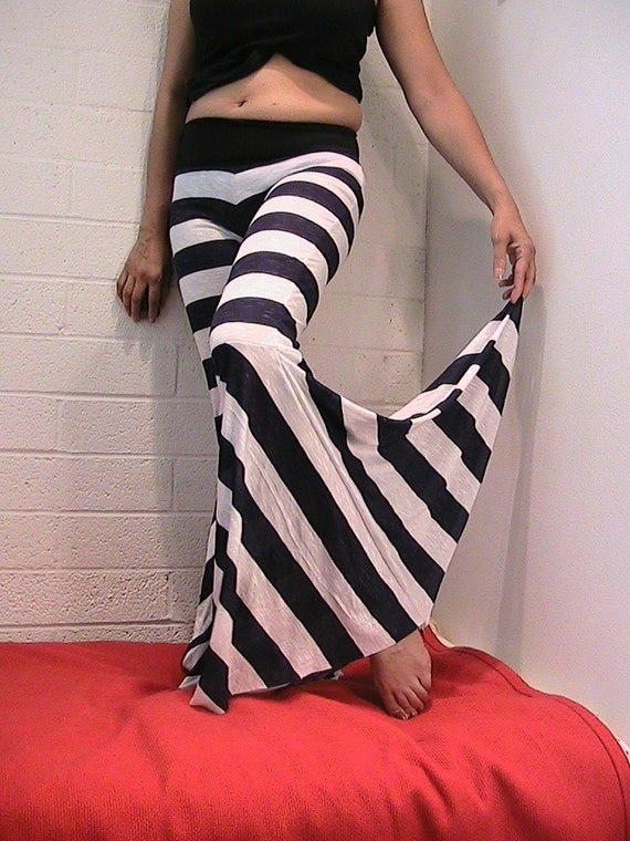 Tribal & Flamenco Flare Pants Navy Blue and White stripe SMALL