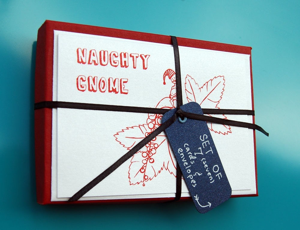 7 Folded Greeting Cards and Envelopes Box Set - Naughty Gnome with Currants