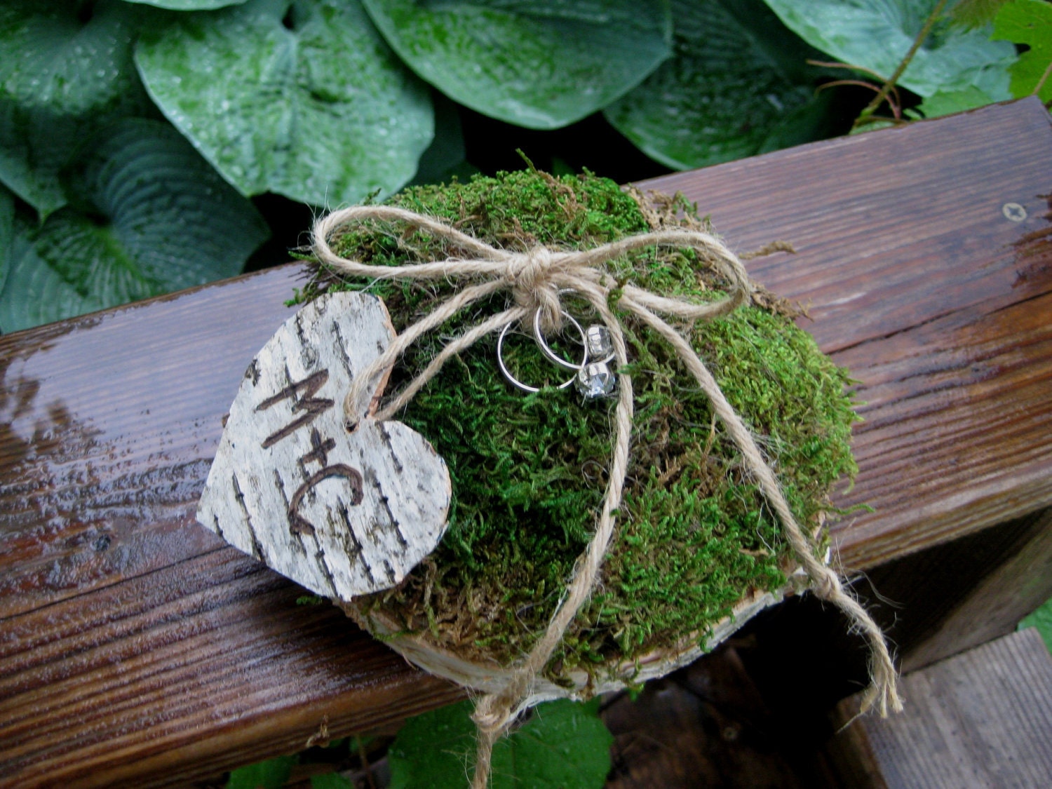 Rustic Personalized Birch Bark Tree Slice Moss Ring Bearer Pillow