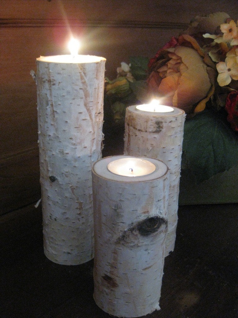 3 Large Birch Bark Log Tea Light Candle Holder 8",6",4"- for your WEDDING CENTERPIECES