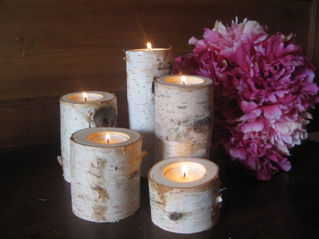 Birch Bark Log Tea Light Candle Holders Set of 5- 6",5",4",3" and 2" for your Wedding Centerpieces
