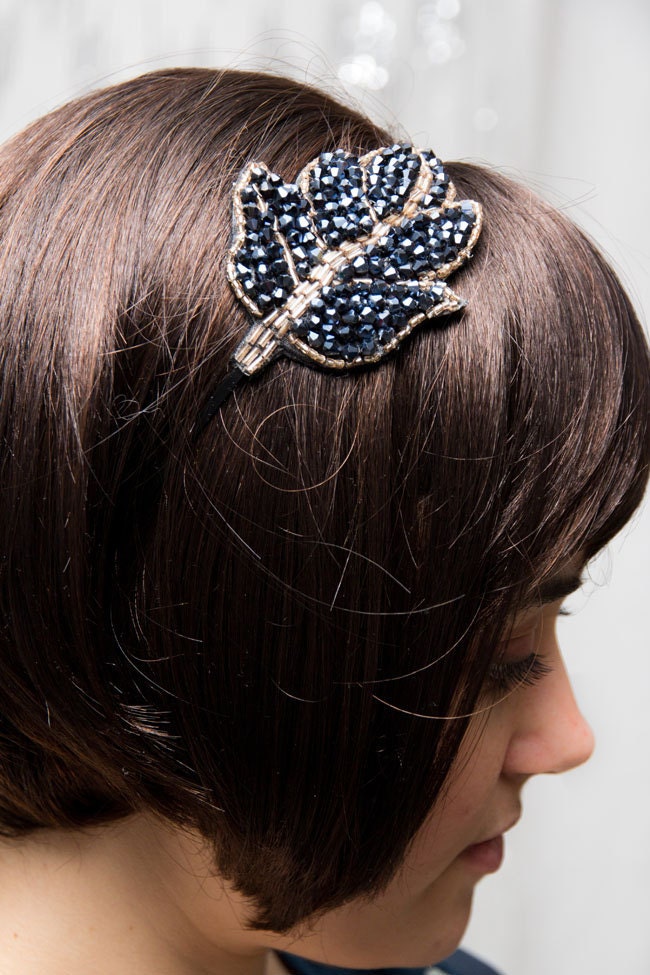 Romantic Dark Blue Leaf Beaded Headband