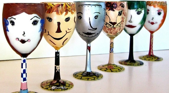 Wizard of Oz Wine Glasses of Dorothy, The Scarecrow, The Cowardly Lion, The Tin Man, Glenda, and the Wicked Witch of the West