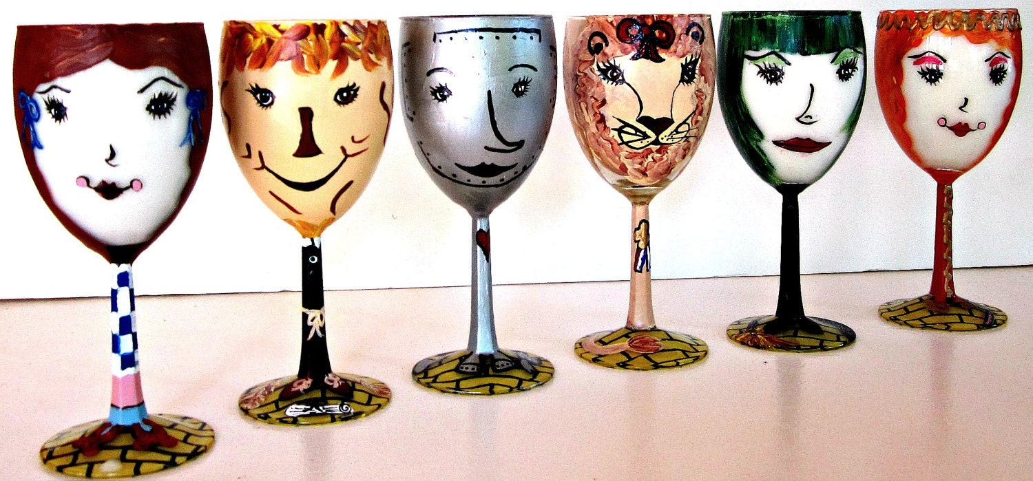 Wizard of Oz Wine Glasses of Dorothy, The Scarecrow, The Cowardly Lion, The Tin Man, Glenda, and the Wicked Witch of the West