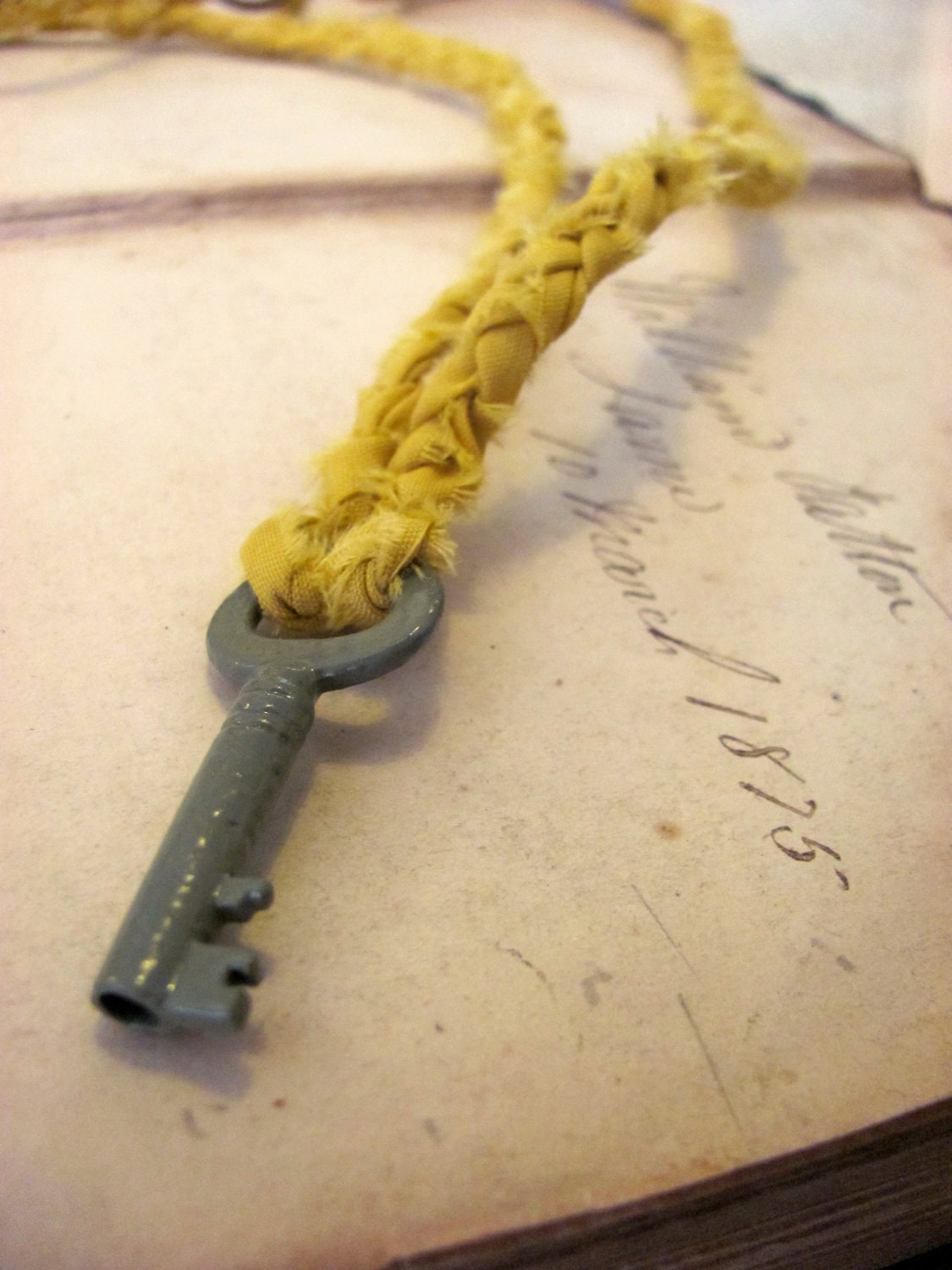 Vintage Skeleton Key with Braided Fabric Necklace. Medium. Green Key with Mustard Yellow Braid.