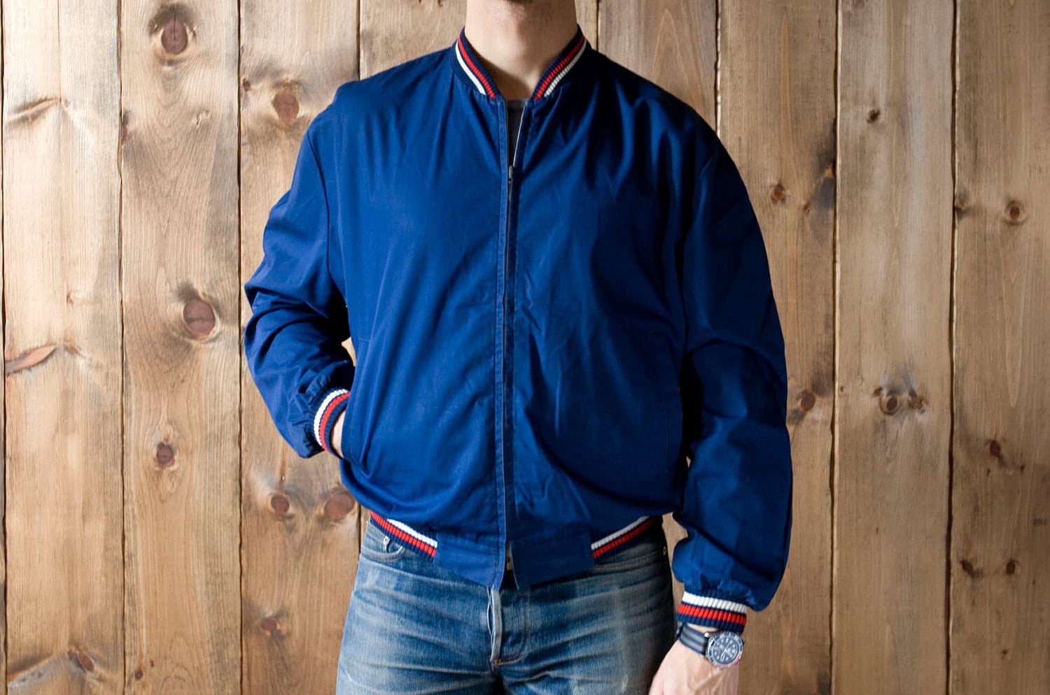Vintage Baseball Bomber Jacket in Navy Blue
