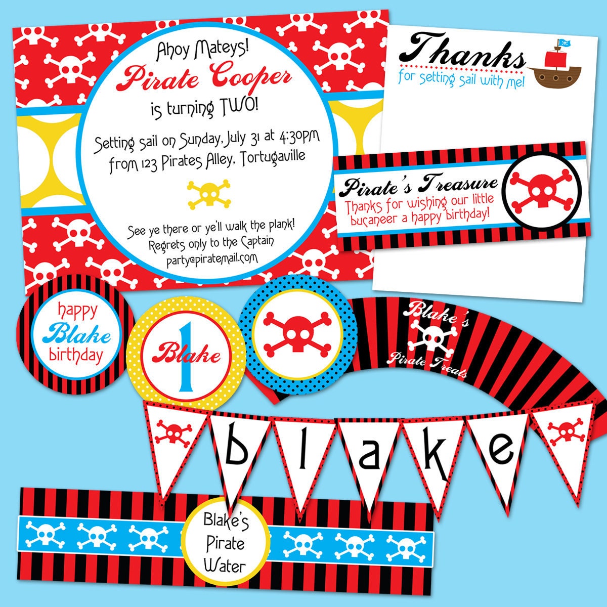 Boy Pirate Birthday Party Pack JPEG (Invitation, Cupcake Topper and Wrapper, Bottle and Food Label, Thank You, Treat Bags, Banner)