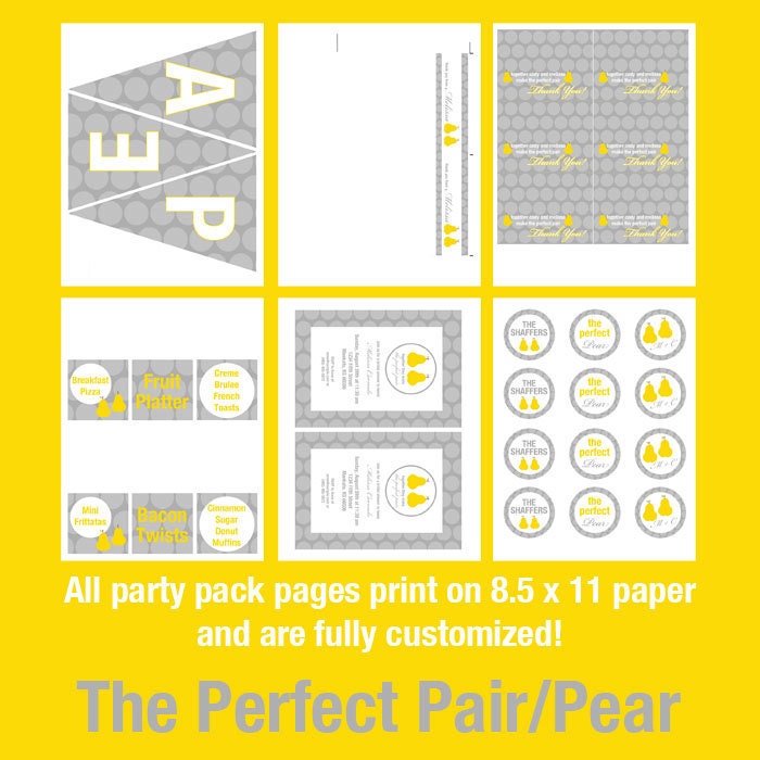Perfect Pair Pears Wedding Shower Party Pack CUSTOMIZED JPEG Printable