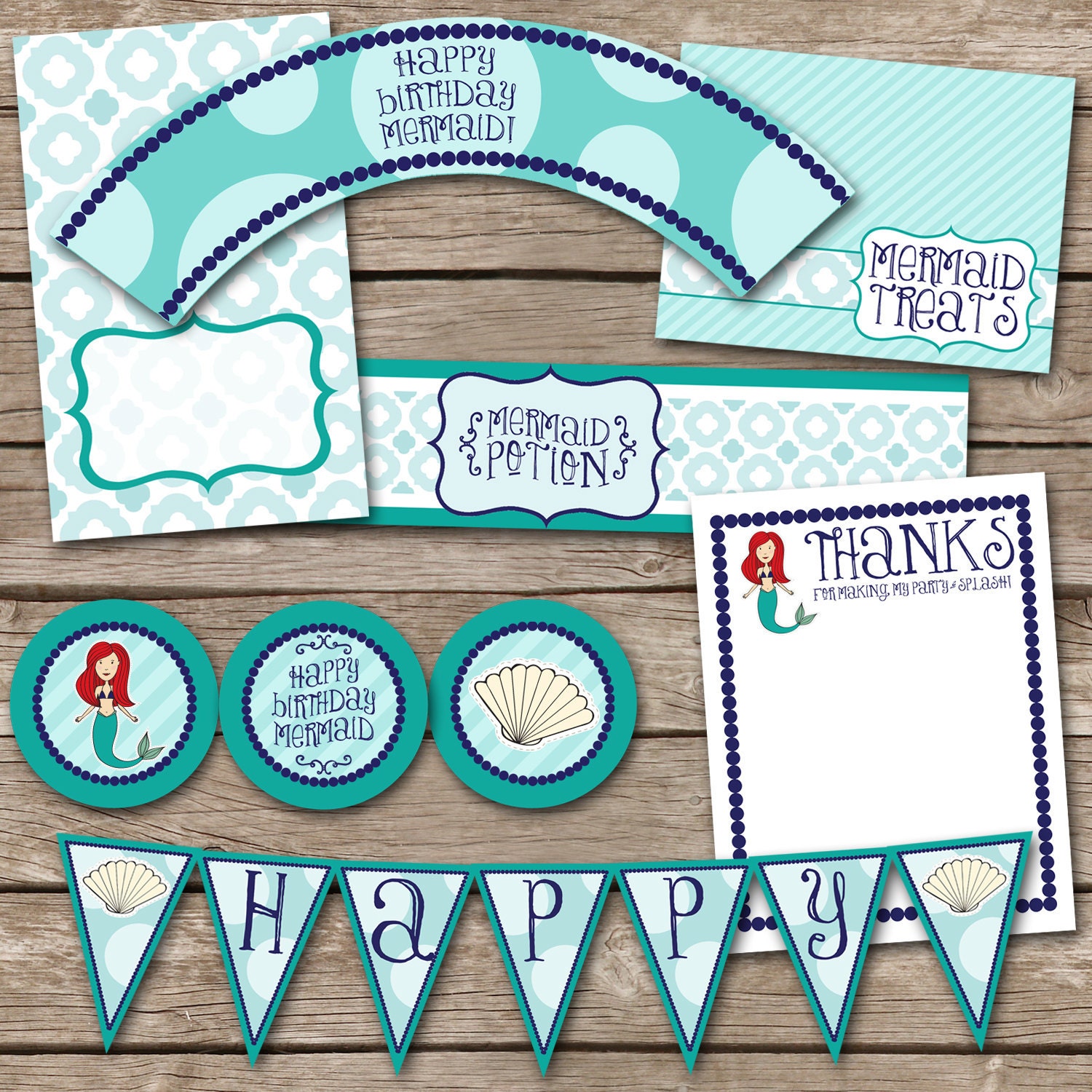 Mermaid Party Printable JPEG (Cupcake Topper and Wrapper, Water Bottle Labels, Thank You Notes, Treat Bags, Banner) Il_570xn